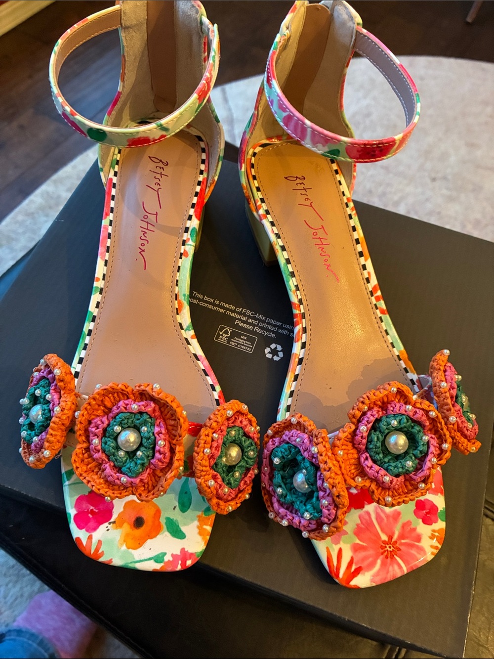 Betsey Johnson Orange Pink Green Floral Beaded Ankle-Strap Sandals